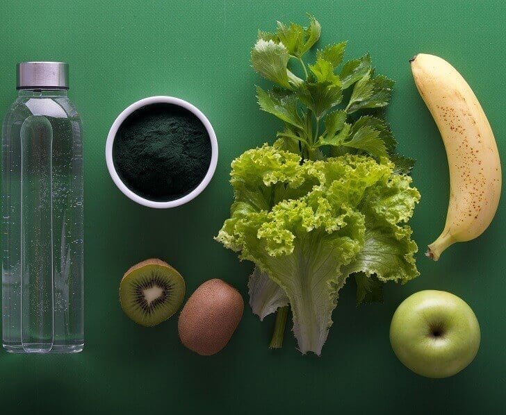 A selection of vegetables, fruit and water