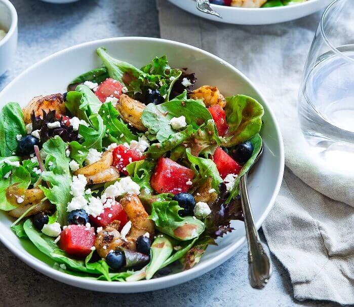 Bowl of prawn feta salad