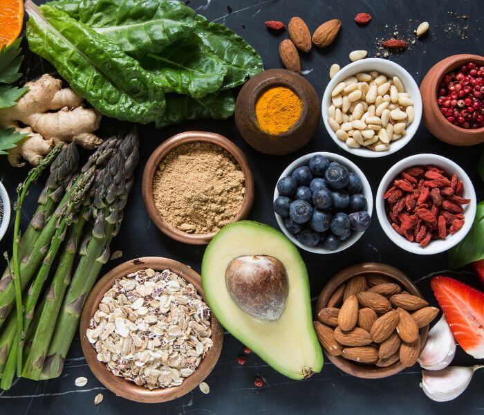 Healthy Food of avocado, blueberries, almonds, pomegranate