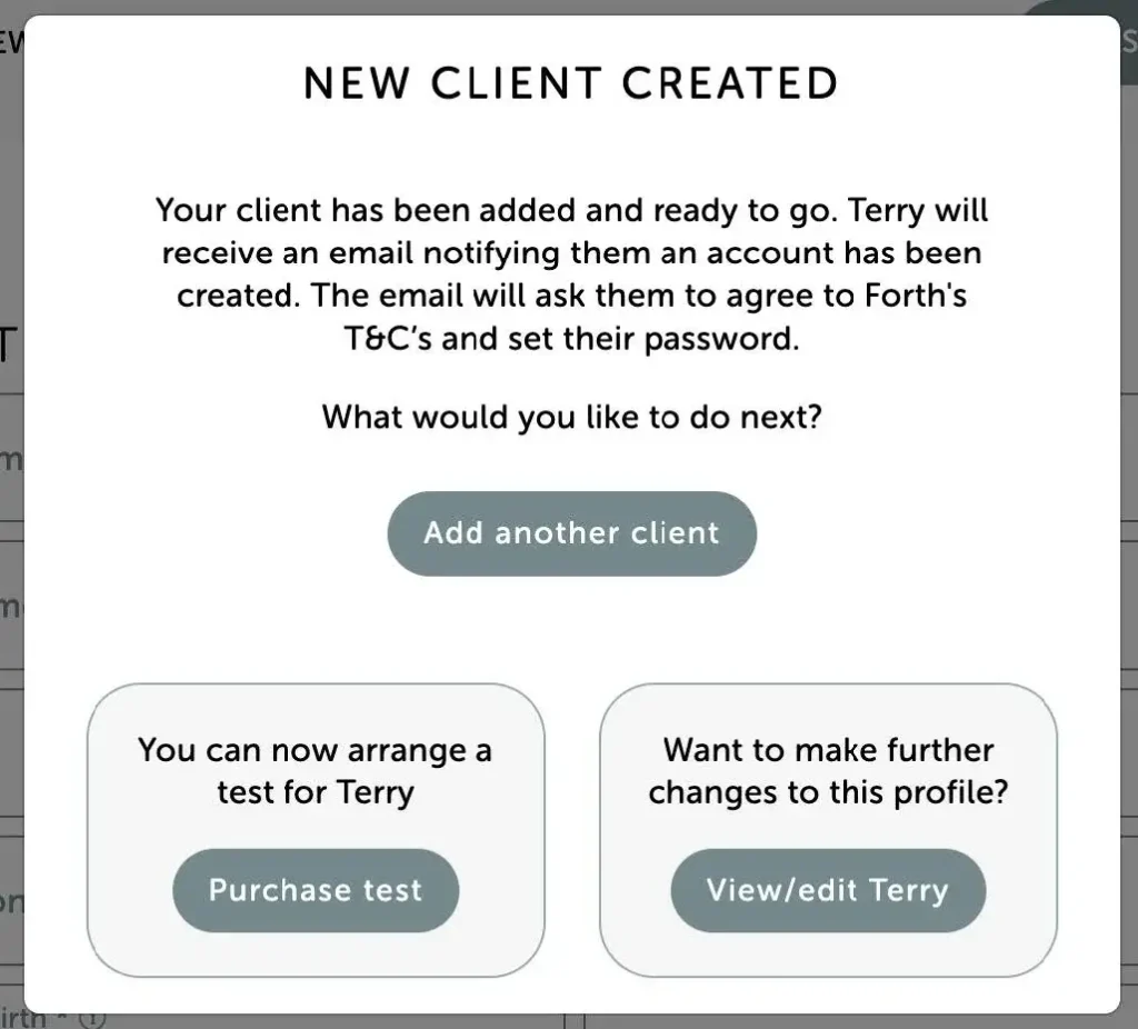 New client created modal