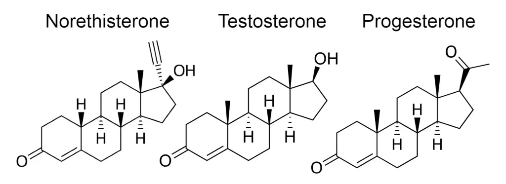 Chemical structure of norethisterone, testosterone and progesterone