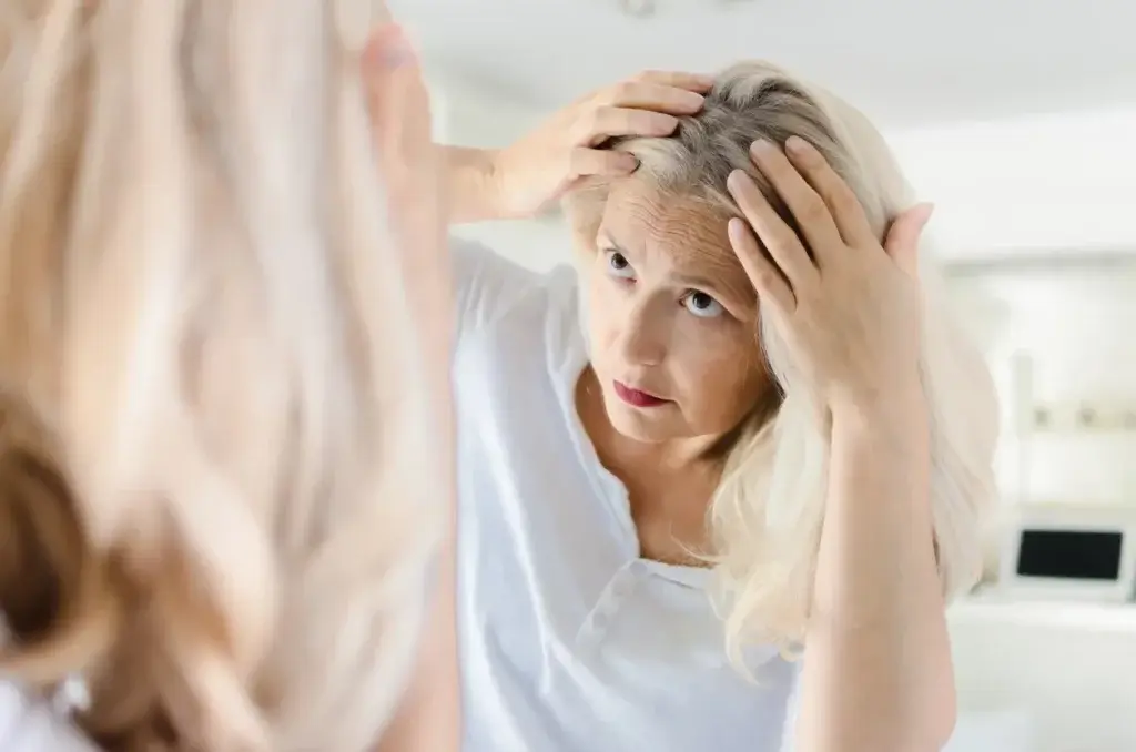 Menopausal woman checking for hair loss