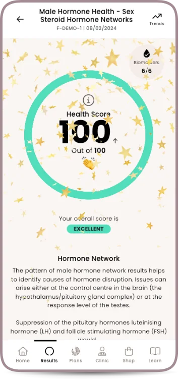 Male hormones health app displaying a 100 score
