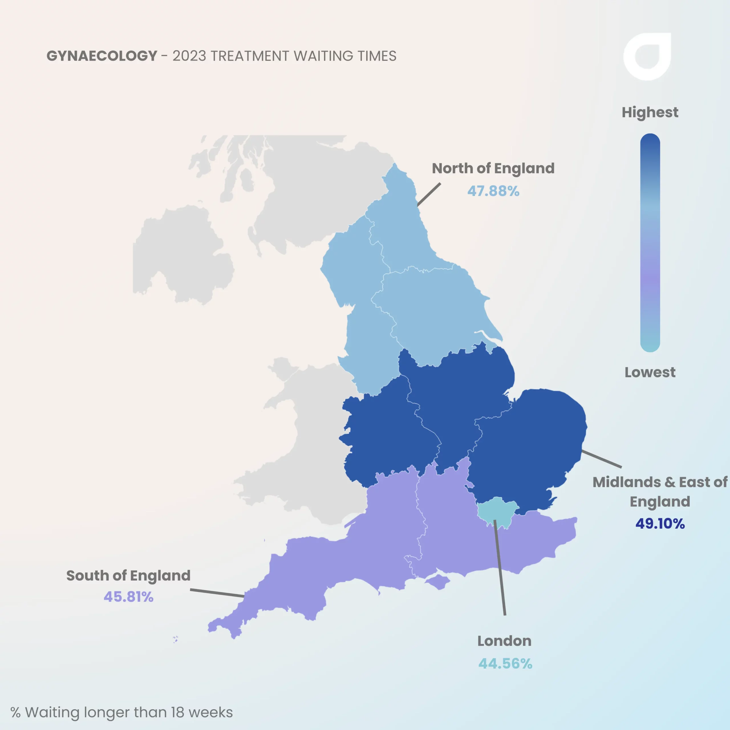 A map of England showing the percentage of women waiting more than 18 weeks for genecology treatment on the NHS