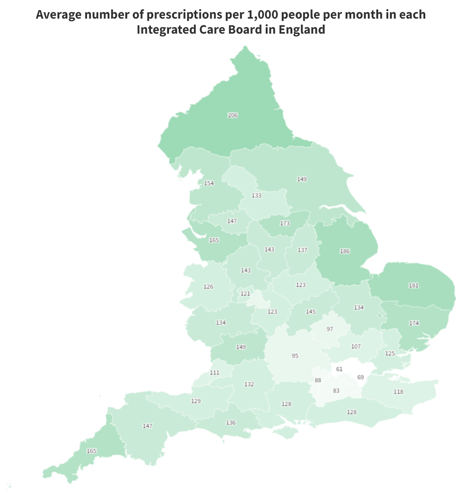 Average number of prescriptions per 1,000 people per month in each Integrated Care Board in England