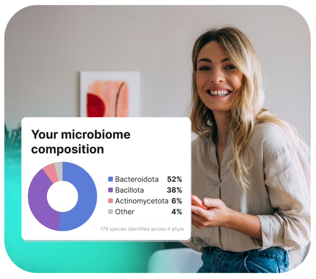 A woman smiling at home alongside her Forth gut microbiome test result, showing a phyla composition of 52% Bacteroidota, 38% Bacillota and 6% Actinomycetota across 179 species.