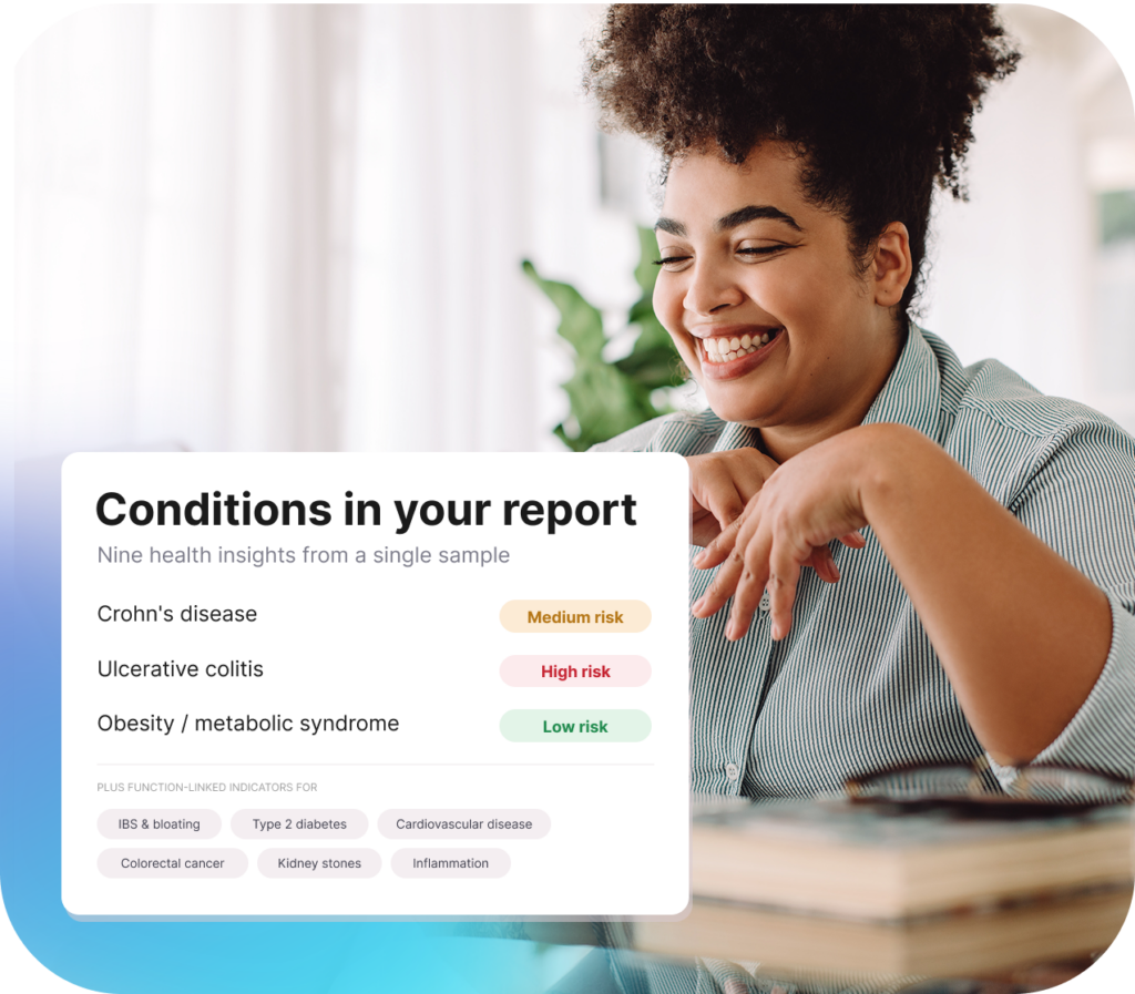 A woman laughing at home alongside her Forth gut microbiome test report, showing risk scores for Crohn's disease, ulcerative colitis and obesity, plus function-linked indicators for IBS, type 2 diabetes, cardiovascular disease, colorectal cancer, kidney stones and inflammation.