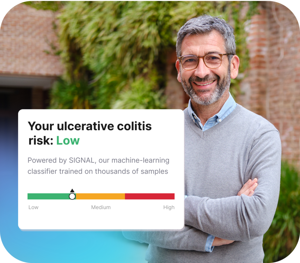 A man smiling outdoors alongside his Forth gut microbiome test result, showing a low ulcerative colitis risk score calculated by SIGNAL — a machine-learning classifier trained on thousands of microbiome samples.