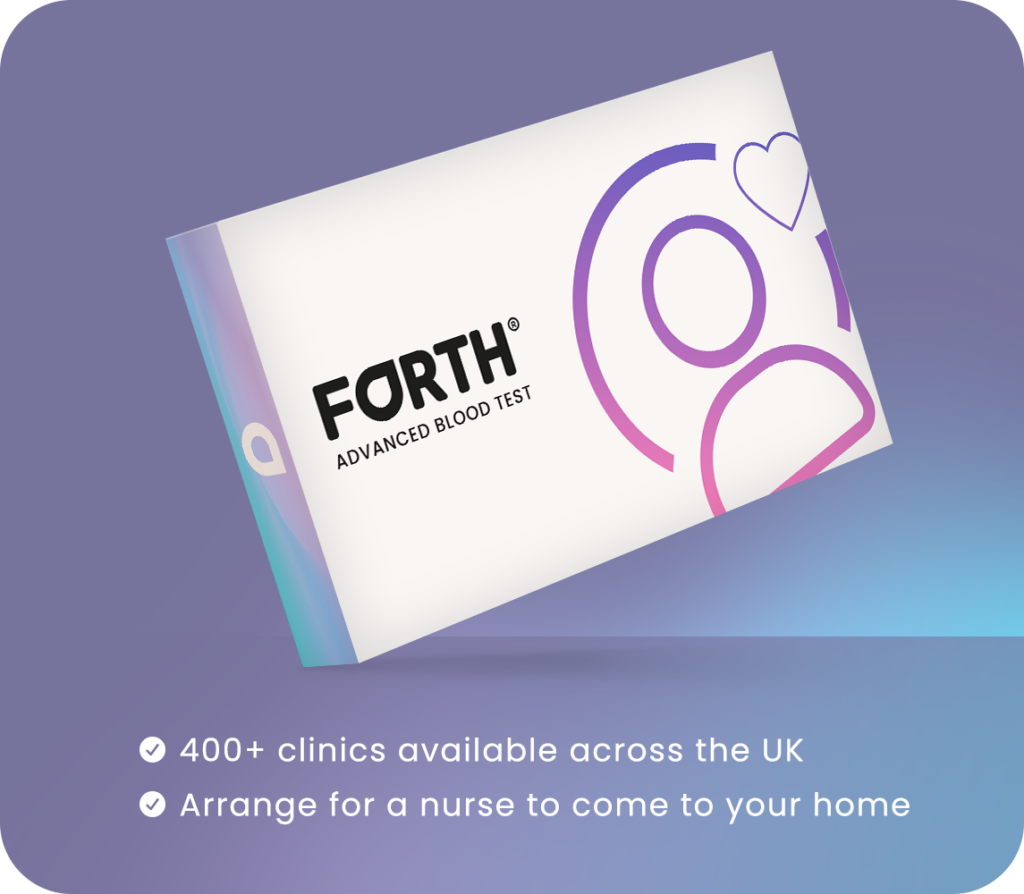 Forth Advanced Blood Test home test kit box, a comprehensive health check covering heart, liver, thyroid and hormones